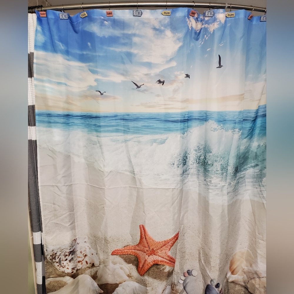 Beach Themed Shower Curtain & Shower Curtain Hooks Beach, Sun, Surf